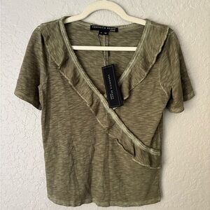 NWT Veronica Beard Army Green Ruffle V-Neck Top, size XS